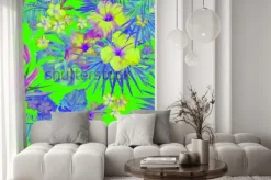 Naklejka: Piękny wzór zwrotnika z malowaniem kwiatów hibiskusa i rajskiego