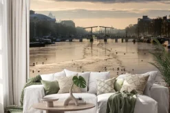 Naklejka: Piękny zimowy panorama rzeki amstel w amsterdamie, w holandii,