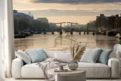 Naklejka: Piękny zimowy panorama rzeki amstel w amsterdamie, w holandii,