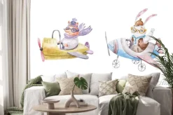 Naklejka: Pilot fox and rabbit flying on airplanes, cute watercolor childrens