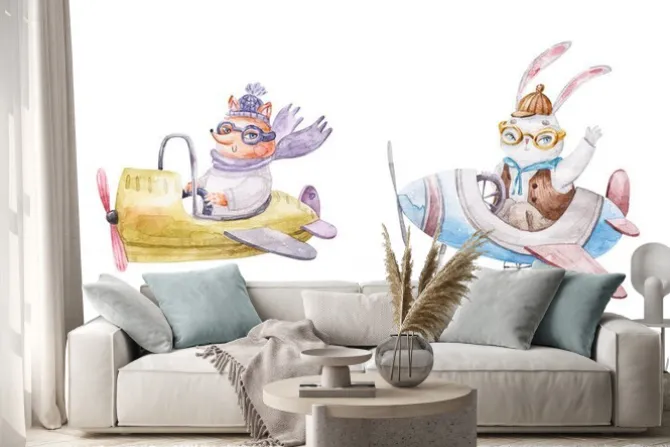 Naklejka: Pilot fox and rabbit flying on airplanes, cute watercolor childrens