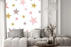 Naklejka: Pink seamless pattern gold glitter stars pink for christmas backgound