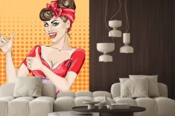 Naklejka: Pin-up kelnerka z uniesiony w bistro cafe