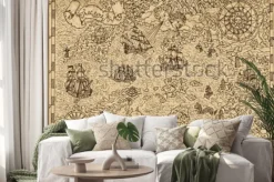 Naklejka: Pirate map with old sailing ships, fantasy creatures, treasure