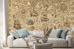 Naklejka: Pirate map with old sailing ships, fantasy creatures, treasure