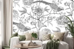 Naklejka: Piwonie i bażanty. kwiecisty egzotyczny rocznika bezszwowy wzór