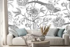 Naklejka: Piwonie i bażanty. kwiecisty egzotyczny rocznika bezszwowy wzór