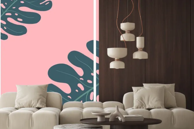 Naklejka: Plakat szablon z monstera pozostawia na tle. ilustracji wektorowych