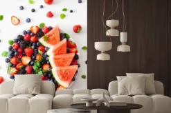 Naklejka: Półmisek owoców i jagód na białym. jagoda, truskawka, malina,