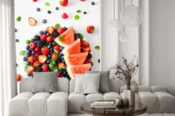 Naklejka: Półmisek owoców i jagód na białym. jagoda, truskawka, malina,