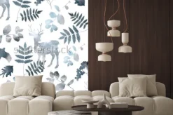 Naklejka: Północnej lasu wzór z jelenia, ptaki, elementy liści. akwarela