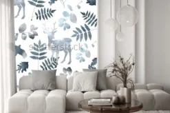 Naklejka: Północnej lasu wzór z jelenia, ptaki, elementy liści. akwarela