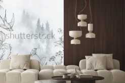 Naklejka: Polne rośliny z jaskółką i zamglonym lasem w tle