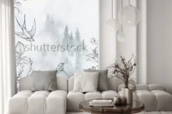 Naklejka: Polne rośliny z jaskółką i zamglonym lasem w tle