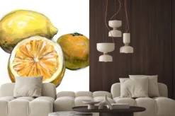 Naklejka: Pomarańcza, cytryna, mandarynka. owoce cytrusowe. akwarela