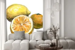 Naklejka: Pomarańcza, cytryna, mandarynka. owoce cytrusowe. akwarela