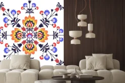 Naklejka: Pomarańczowo-niebieski wzór ludowy w kwiaty