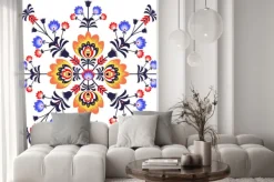 Naklejka: Pomarańczowo-niebieski wzór ludowy w kwiaty