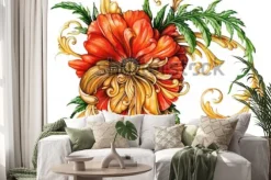 Naklejka: Pomarańczowy mak ze złotymi zwojami 1