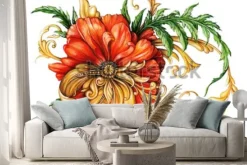 Naklejka: Pomarańczowy mak ze złotymi zwojami 1