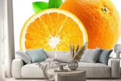 Naklejka: Pomarańczowy z połowy pomarańczy samodzielnie na białym tle