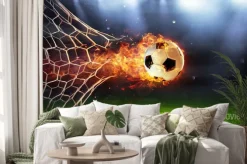 Naklejka: Płonąca piłka w bramce na stadionie