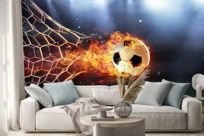 Naklejka: Płonąca piłka w bramce na stadionie