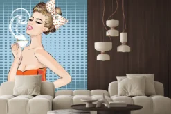 Naklejka: Pop art portret kobiety z poranną herbatę. dziewczyna pozująca