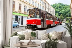 Naklejka: Praga szczegółowo czerwone tramwaj, republika czeska