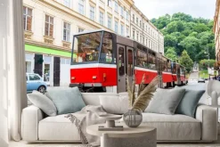 Naklejka: Praga szczegółowo czerwone tramwaj, republika czeska