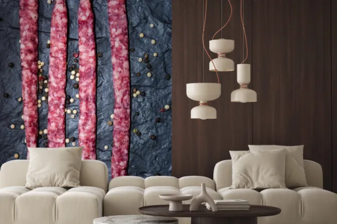 Naklejka: Pralnia wędzona kiełbasa wieprzowa leżącego na kamienne płyty