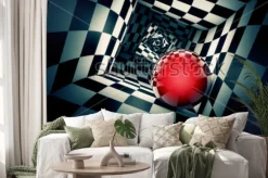 Naklejka: Predetermination. red ball in a chess tunnel (concept image).