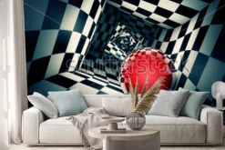 Naklejka: Predetermination. red ball in a chess tunnel (concept image).