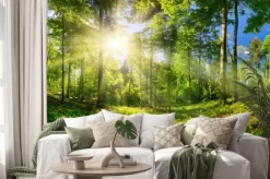 Naklejka: Promienie słońca przebijające się przez wiosenny zielony las