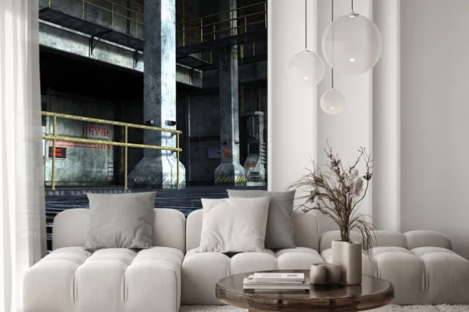 Naklejka: Przemysłowy pokój działu technicznego z żelaznych drzwi, kolumn