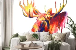 Naklejka: Psychedelic jasne akwarela rysunek łosia