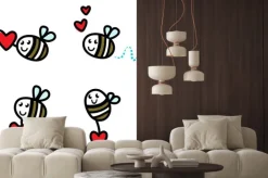 Naklejka: Pszczoła latający doodle ładny zestaw z walentynki czerwone serce