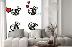 Naklejka: Pszczoła latający doodle ładny zestaw z walentynki czerwone serce