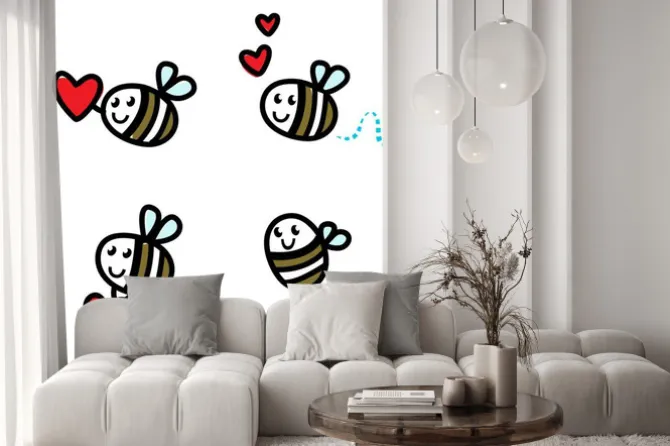 Naklejka: Pszczoła latający doodle ładny zestaw z walentynki czerwone serce