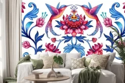 Naklejka: Ptaki wśród czerwono-niebieskich kwiatów