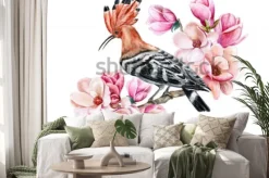 Naklejka: Ptasi dudka obsiadanie na kwiatonośnej wiosny gałąź. kwiaty magnolii.