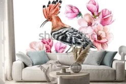 Naklejka: Ptasi dudka obsiadanie na kwiatonośnej wiosny gałąź. kwiaty magnolii.