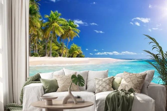 Naklejka: Rajskie wybrzeże z palmami i białym piaskiem