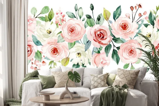 Naklejka: Ramka z róż i białych róż malowana akwarelą