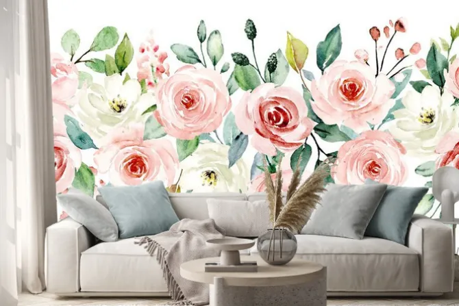 Naklejka: Ramka z róż i białych róż malowana akwarelą