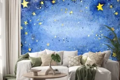 Naklejka: Ręcznie malowane akwarela niebieskie niebo z jasnymi gwiazdami