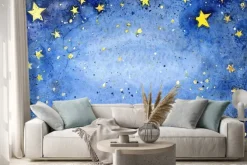 Naklejka: Ręcznie malowane akwarela niebieskie niebo z jasnymi gwiazdami