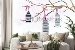 Naklejka: Ręcznie opracowane akwarela trzy klatki ptaków na gałęzi drzewa