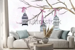 Naklejka: Ręcznie opracowane akwarela trzy klatki ptaków na gałęzi drzewa