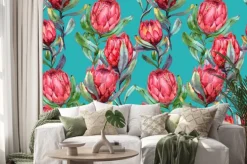 Naklejka: Ręcznie rysowane bez szwu tropikalne wzór akwarela z czerwonymi